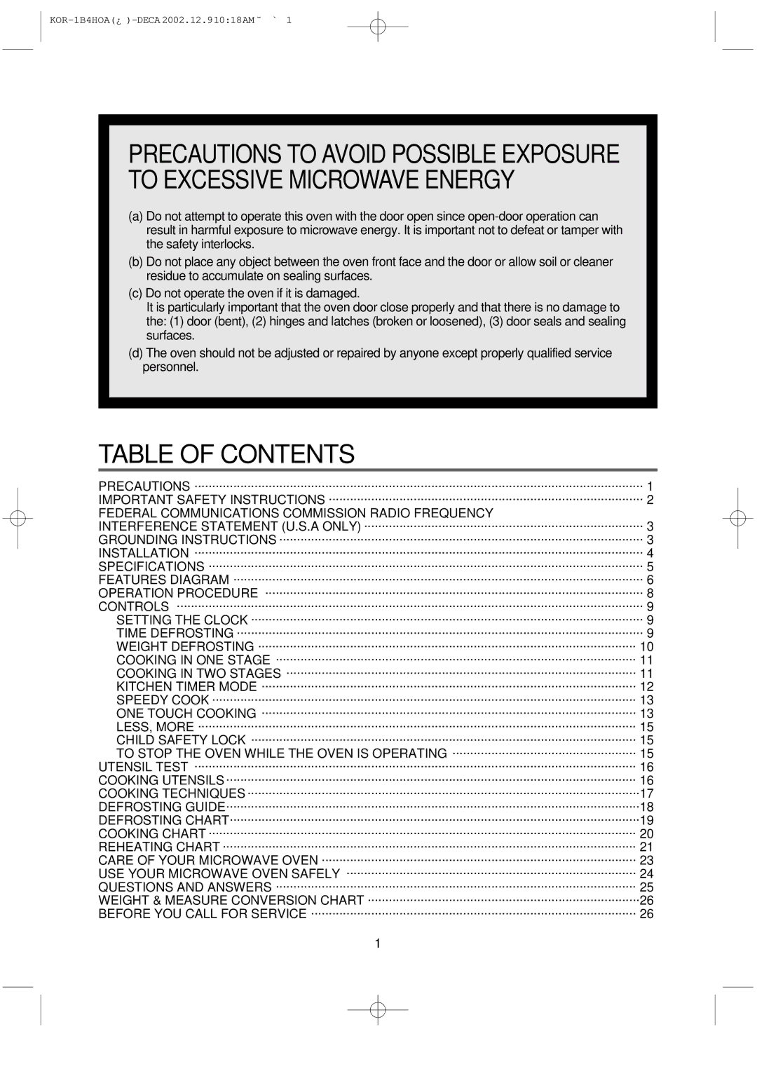 Daewoo KOR-1B4H manual Table of Contents 