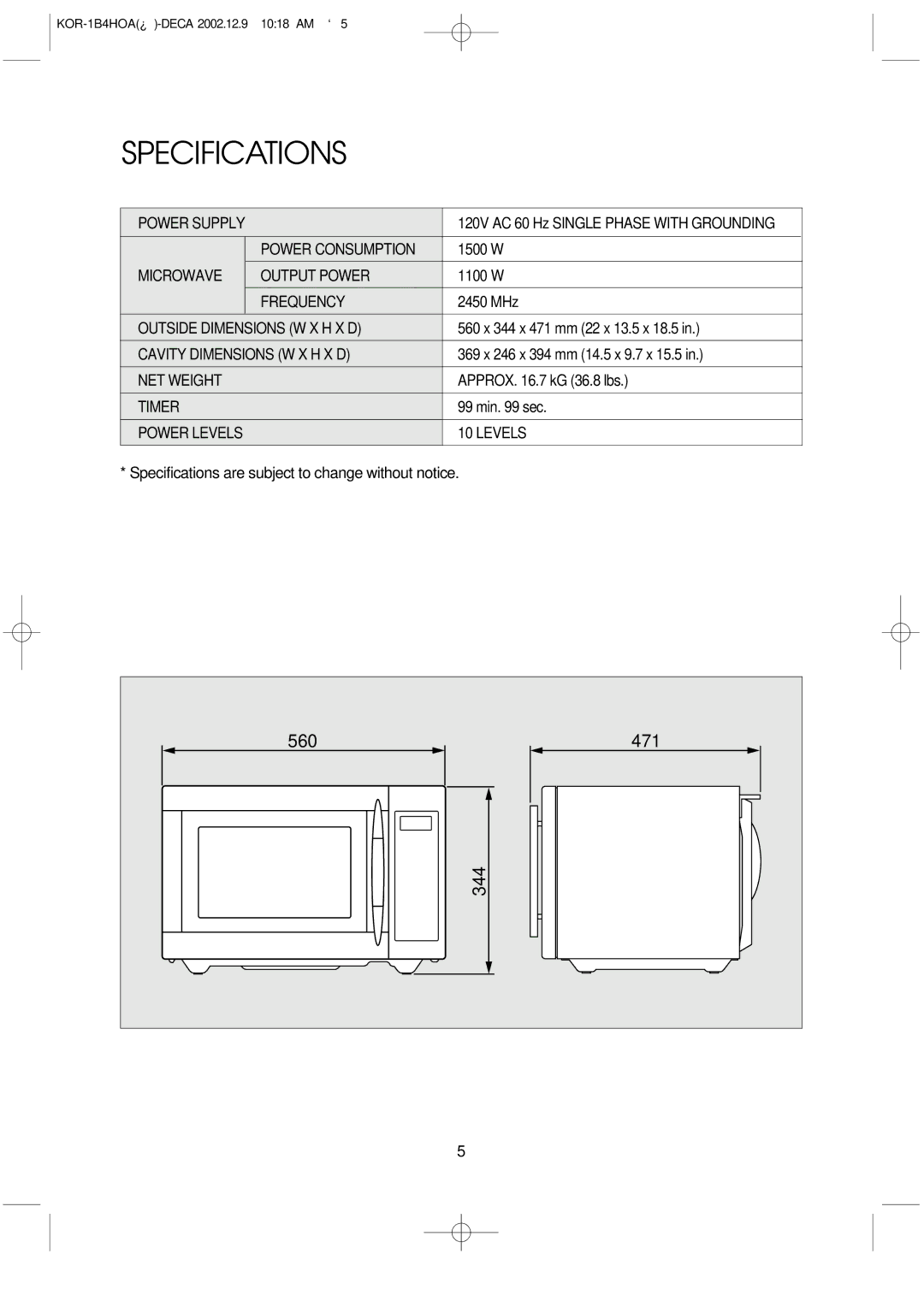 Daewoo KOR-1B4H manual Specifications 