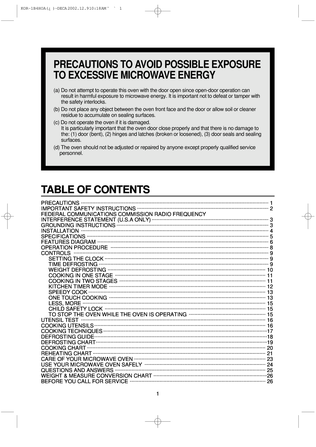 Daewoo KOR-1B4H manual Table Of Contents, Precautions To Avoid Possible Exposure To Excessive Microwave Energy 