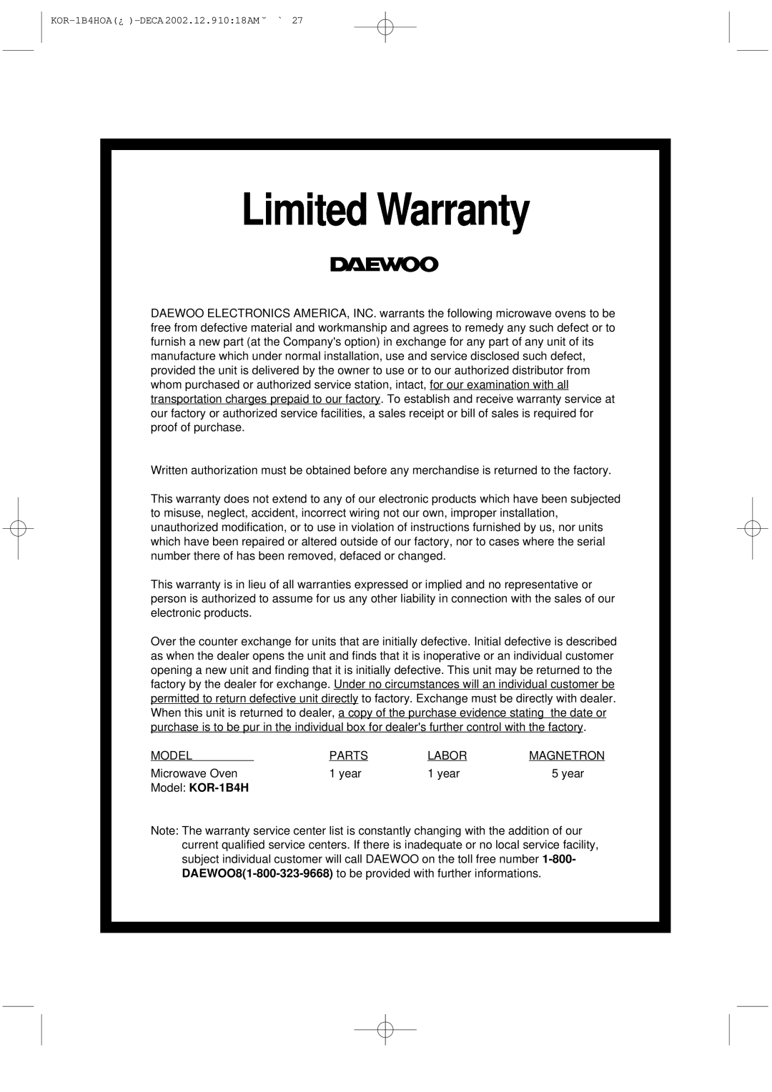 Daewoo manual Limited Warranty, Model KOR-1B4H 