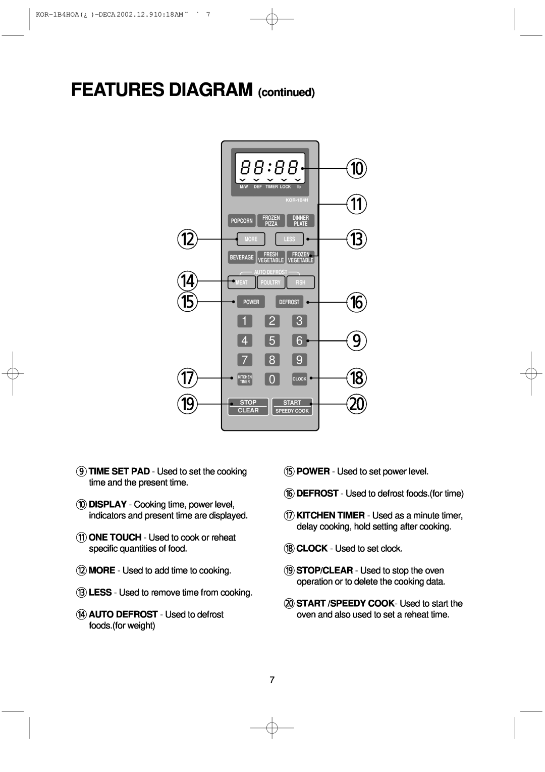 Daewoo KOR-1B4H manual FEATURES DIAGRAM continued, r AUTO DEFROST - Used to defrost foods.for weight, w r t, q e y 