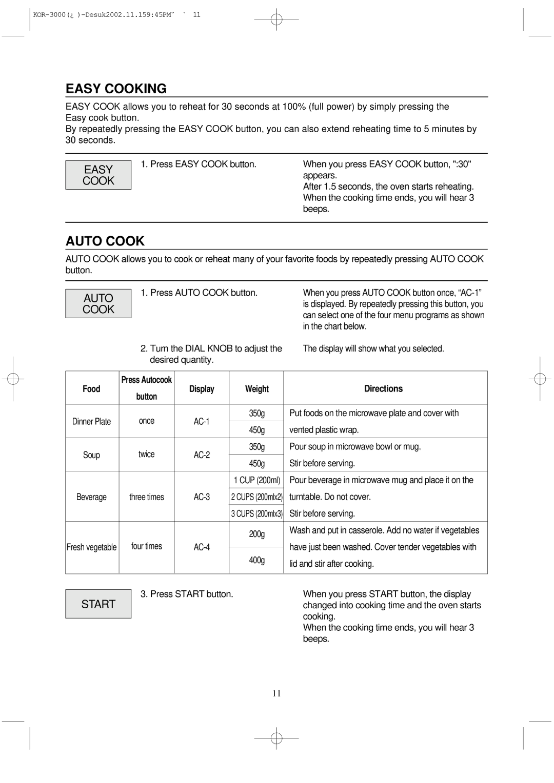 Daewoo KOR-3000 manual Easy Cooking, Auto Cook 