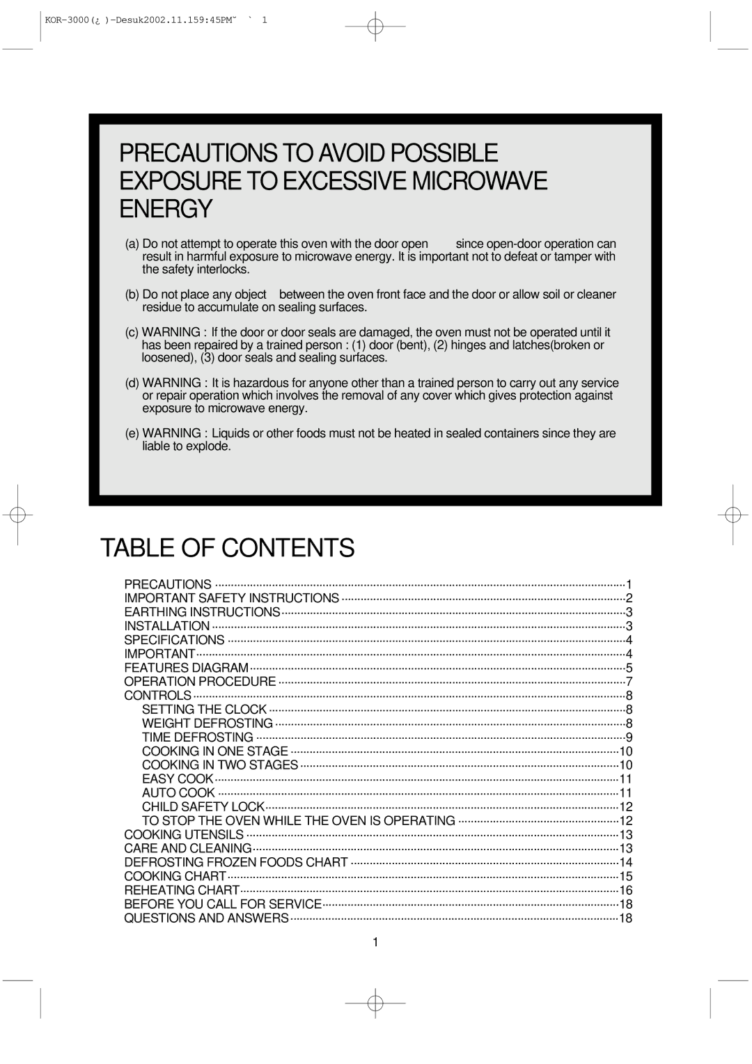 Daewoo KOR-3000 manual Table of Contents 