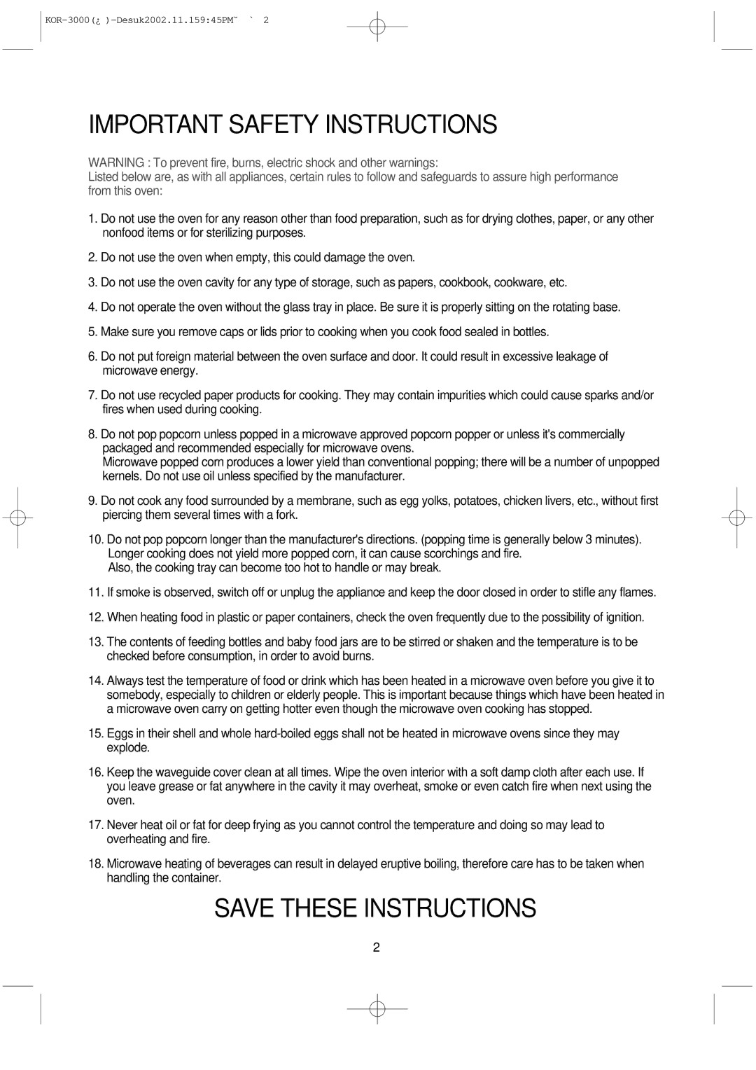 Daewoo KOR-3000 manual Important Safety Instructions 