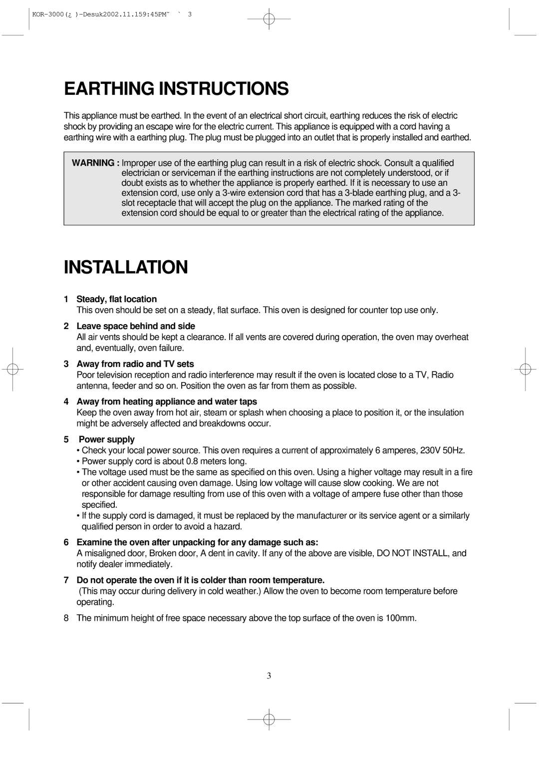 Daewoo KOR-3000 manual Earthing Instructions, Installation 