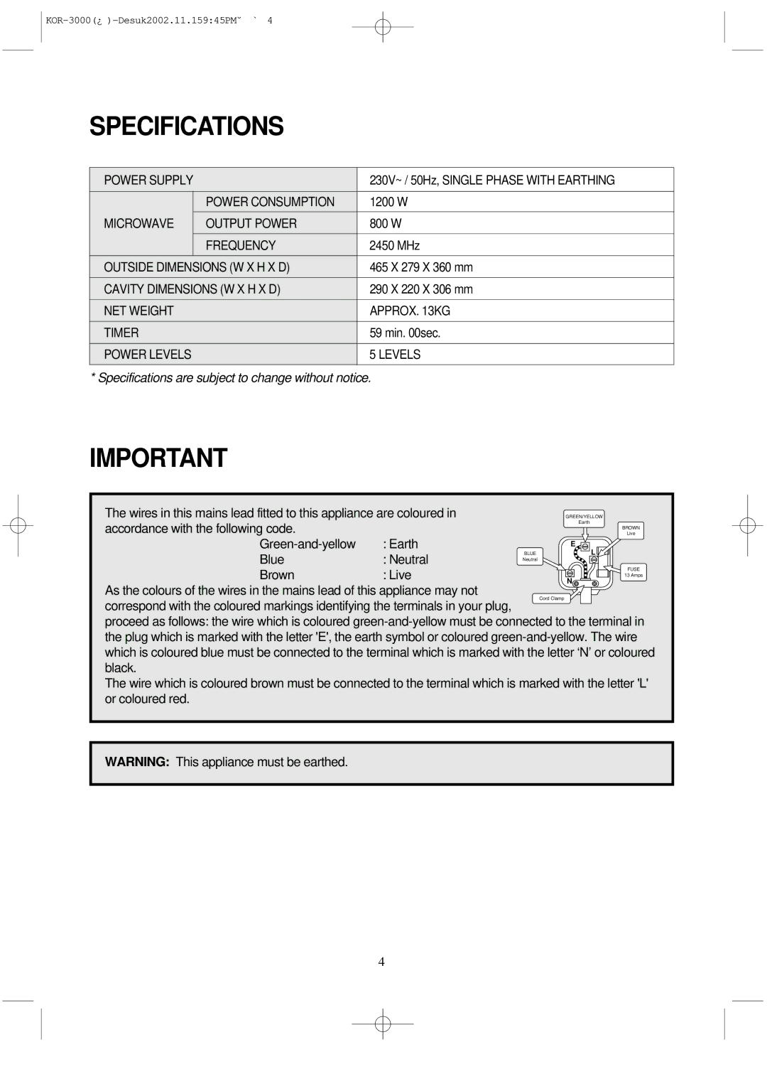 Daewoo KOR-3000 manual Specifications are subject to change without notice 