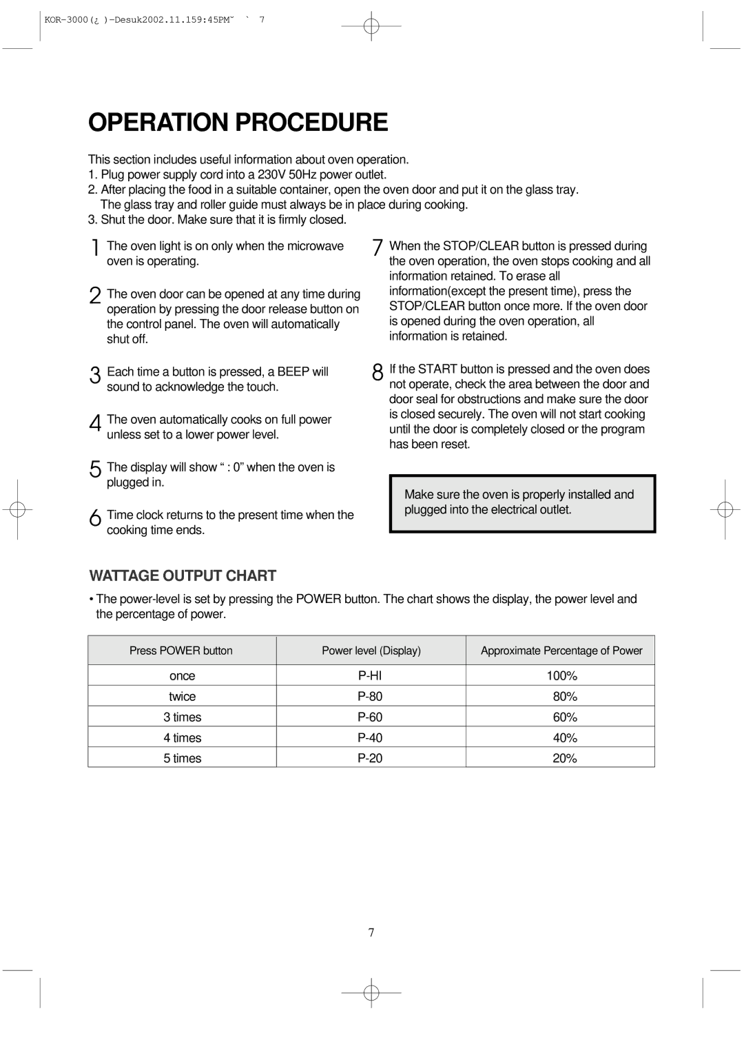 Daewoo KOR-3000 manual Operation Procedure, Wattage Output Chart 