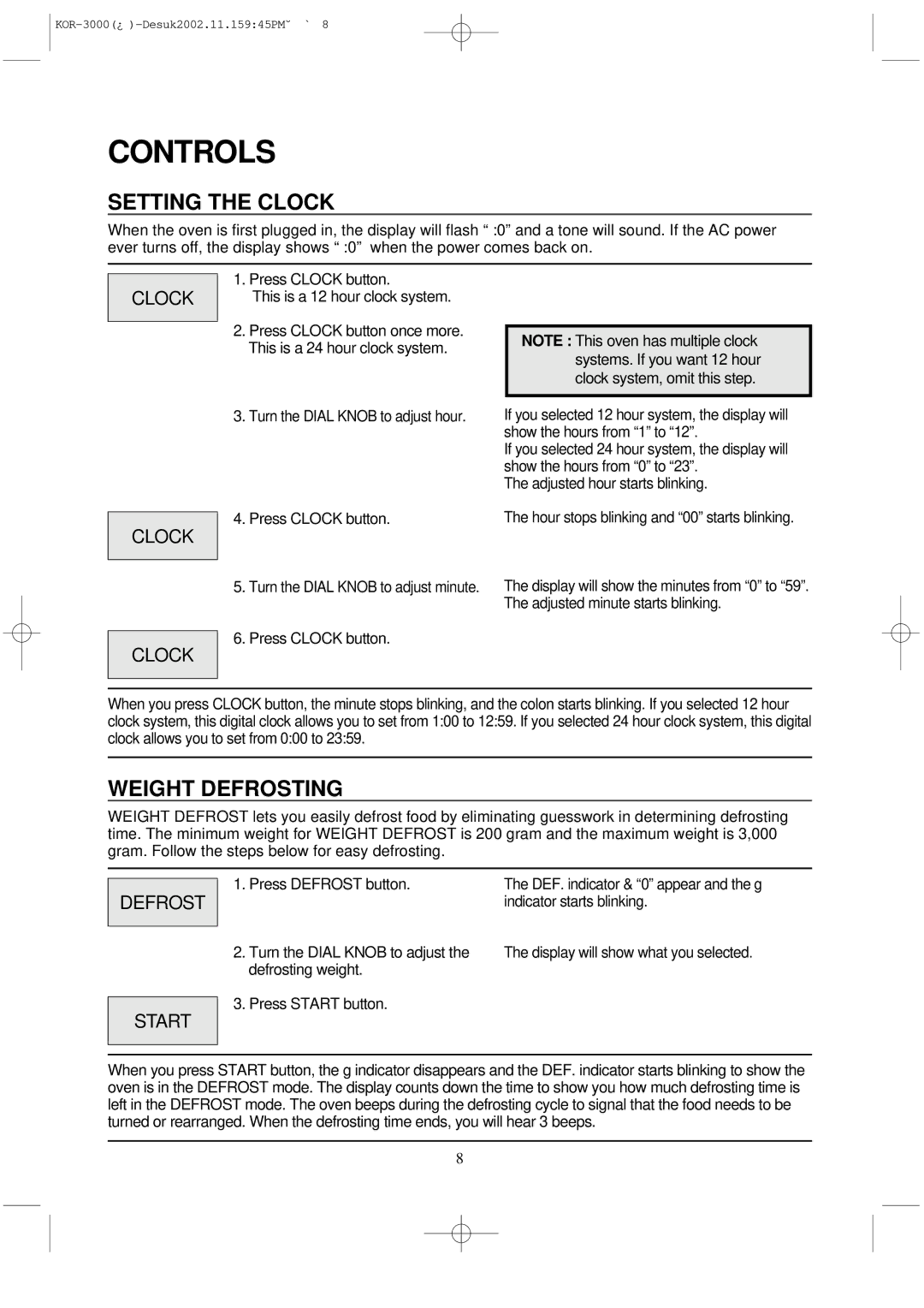 Daewoo KOR-3000 manual Controls, Setting the Clock, Weight Defrosting 