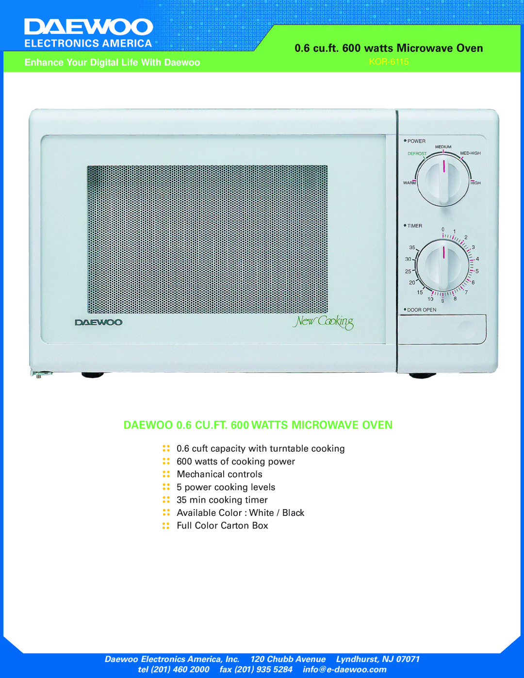 Daewoo KOR-6115 manual Daewoo 0.6 CU.FT Watts Microwave Oven 