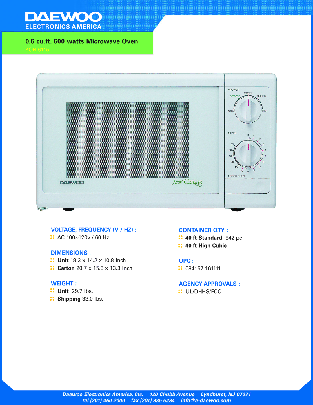 Daewoo KOR-6115 manual Cu.ft watts Microwave Oven 