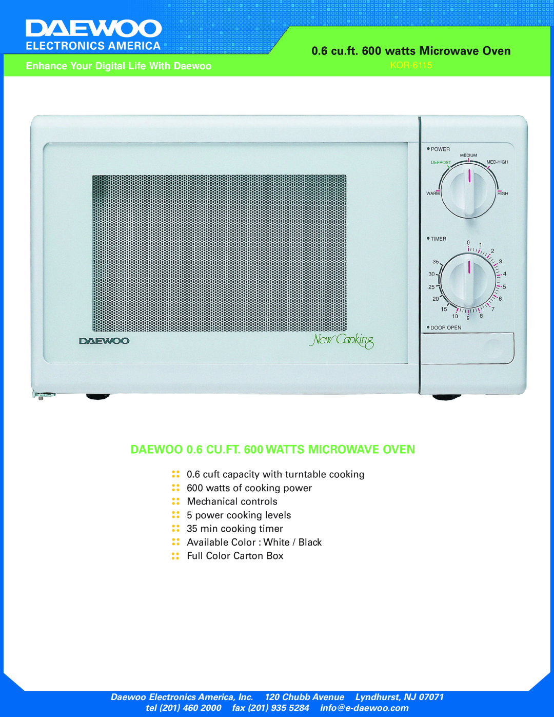 Daewoo KOR-6115 manual Electronics America, cuft capacity with turntable cooking 600 watts of cooking power 