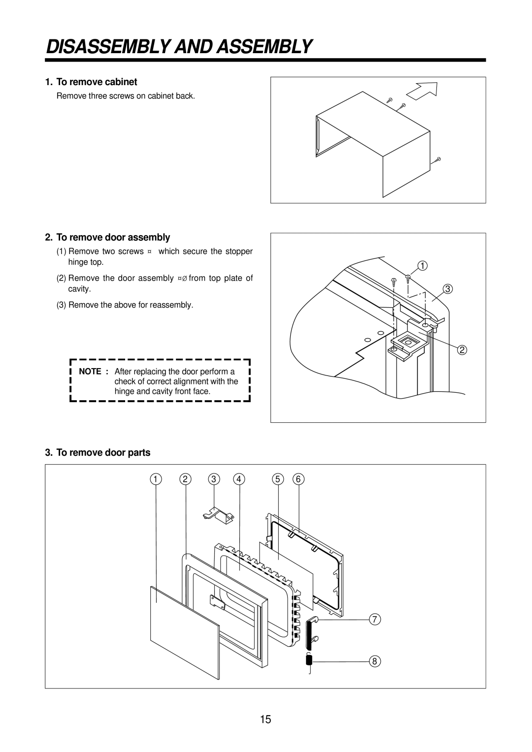 Daewoo KOR-61155, KOR-61151 Disassembly and Assembly, To remove cabinet, To remove door assembly, To remove door parts 