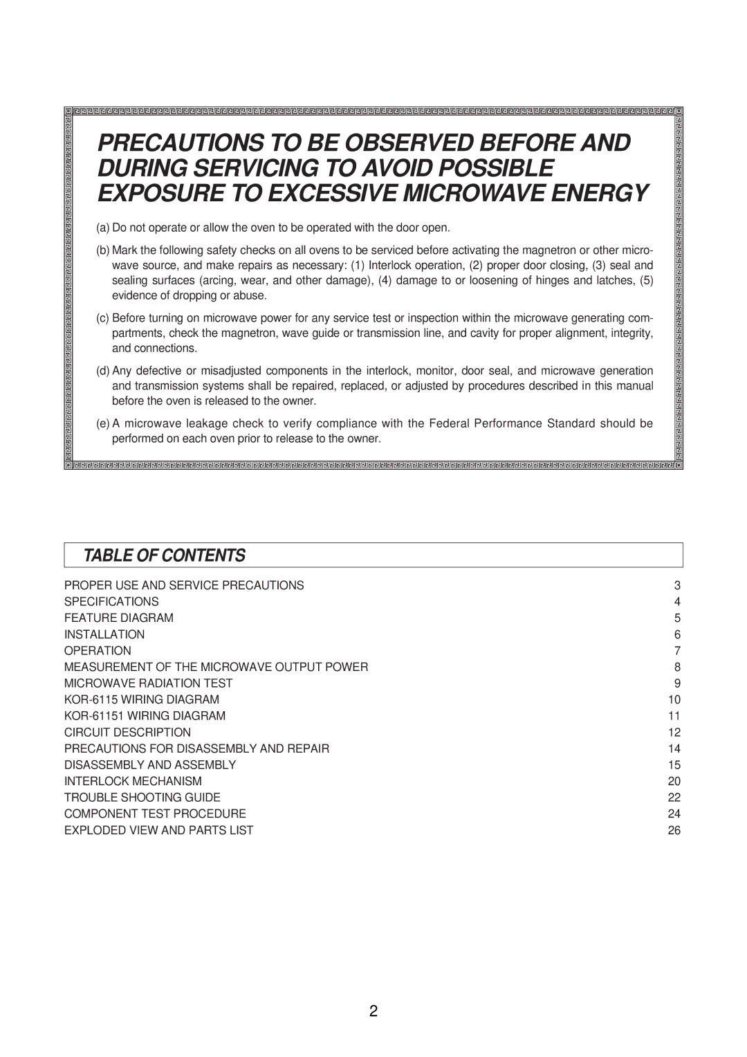 Daewoo KOR-61151, KOR-61155 service manual Table of Contents 