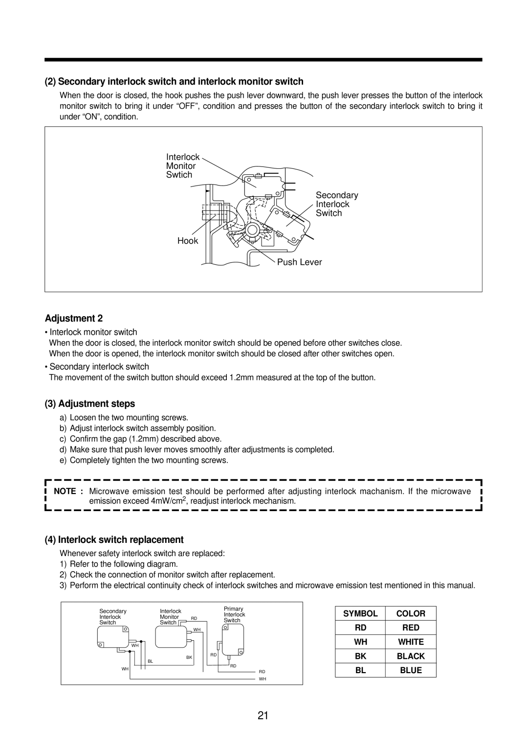 Daewoo KOR-61155 Secondary interlock switch and interlock monitor switch, Adjustment steps, Interlock switch replacement 