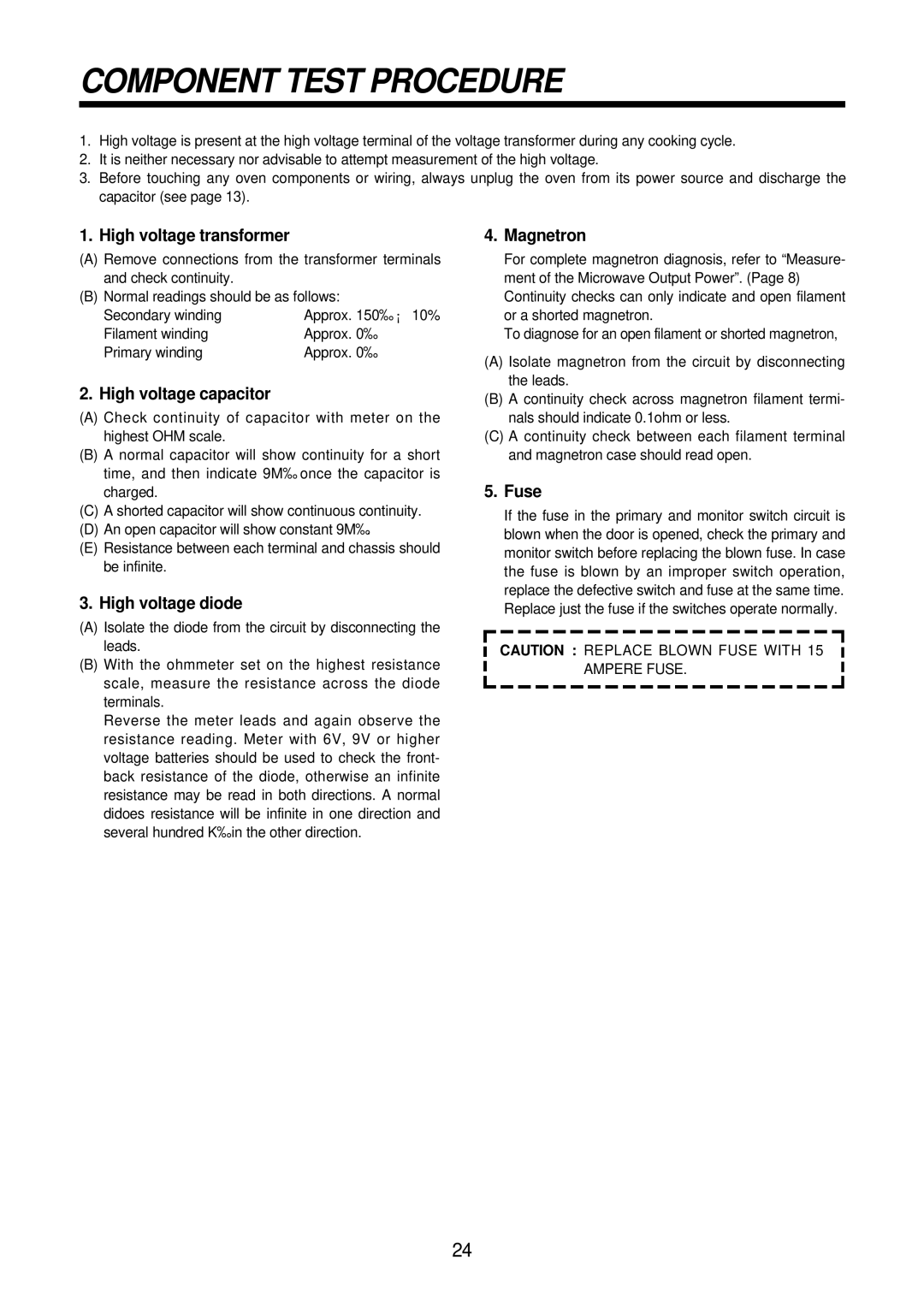 Daewoo KOR-61151, KOR-61155 service manual Component Test Procedure 