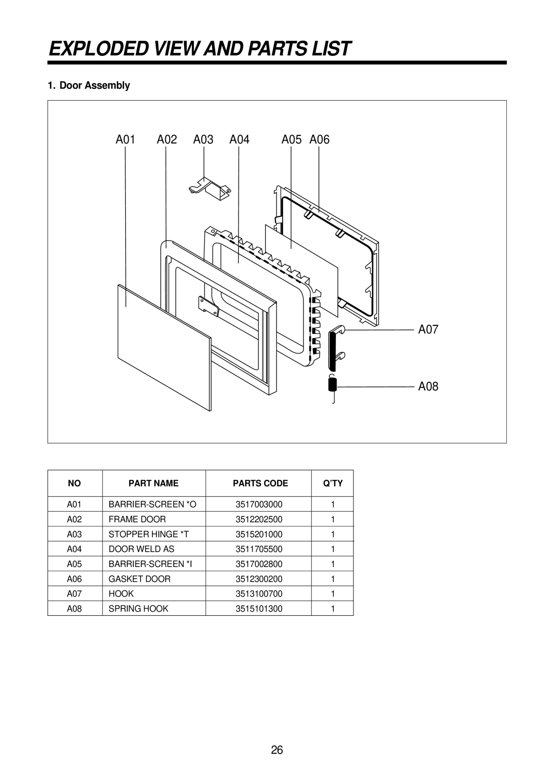 Daewoo KOR-61151, KOR-61155 service manual Exploded View and Parts List, Door Assembly 