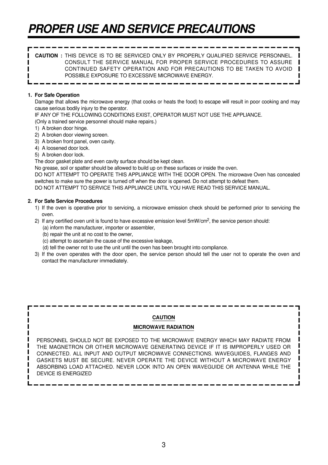 Daewoo KOR-61155, KOR-61151 Proper USE and Service Precautions, For Safe Operation, For Safe Service Procedures 