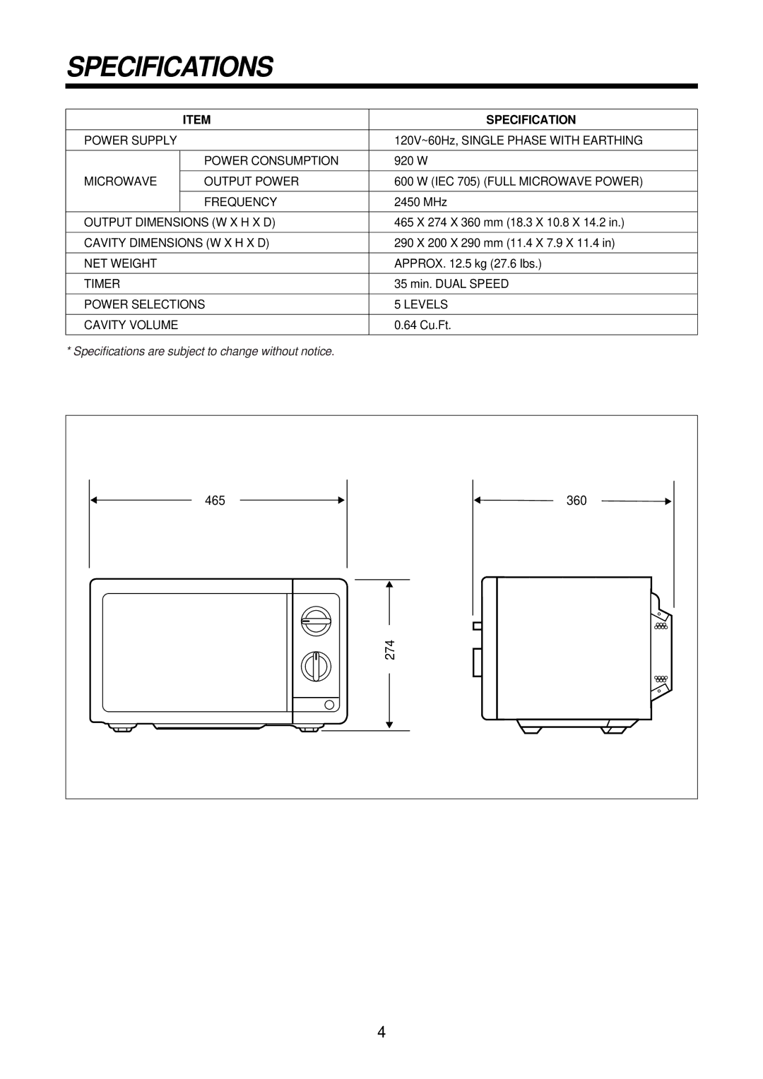 Daewoo KOR-61151, KOR-61155 service manual Specifications 