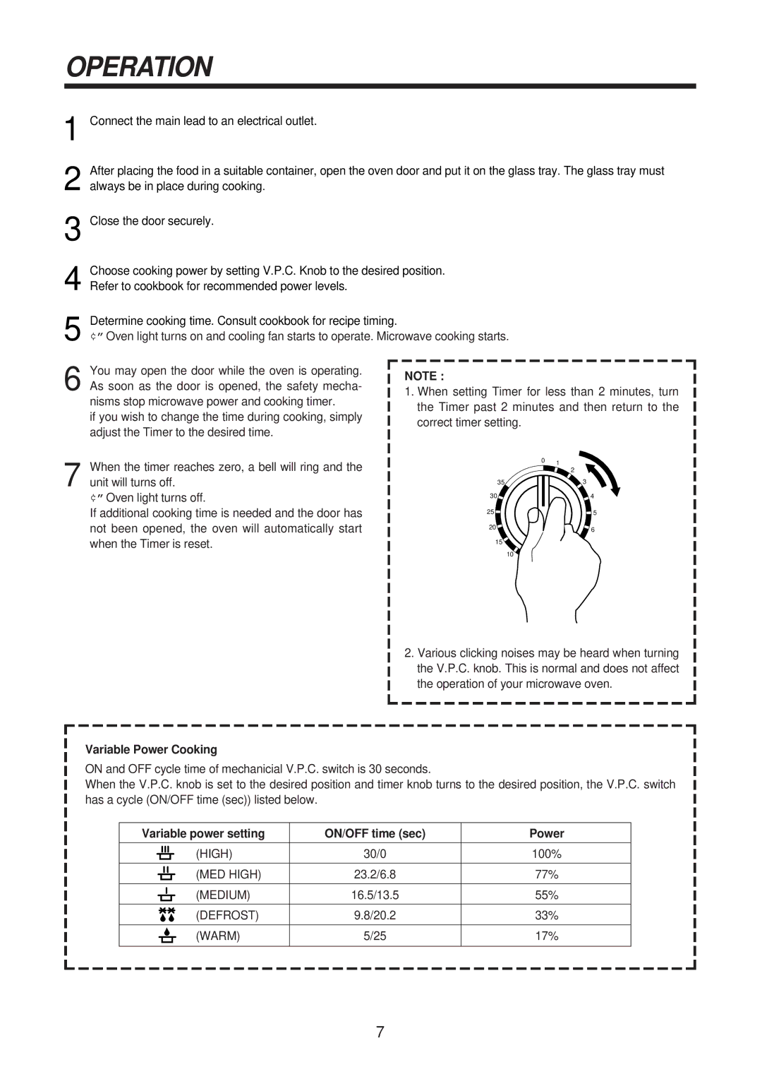 Daewoo KOR-61155, KOR-61151 service manual Operation, Variable Power Cooking, Variable power setting ON/OFF time sec Power 