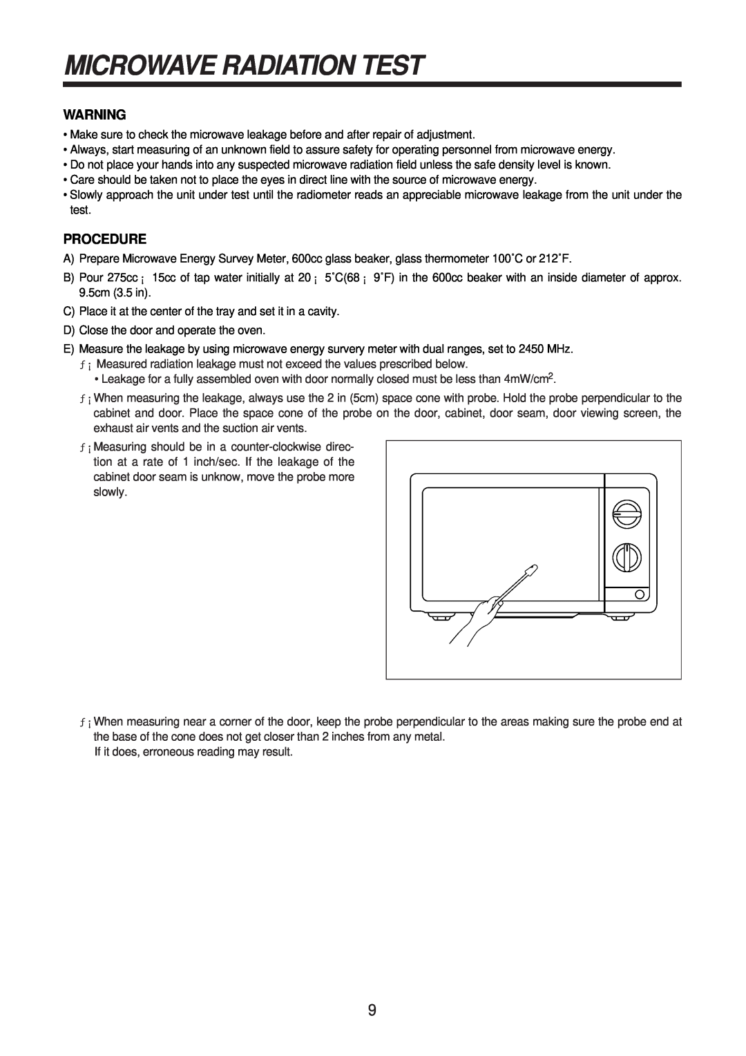 Daewoo KOR-61155, KOR-61151 service manual Microwave Radiation Test, Procedure 