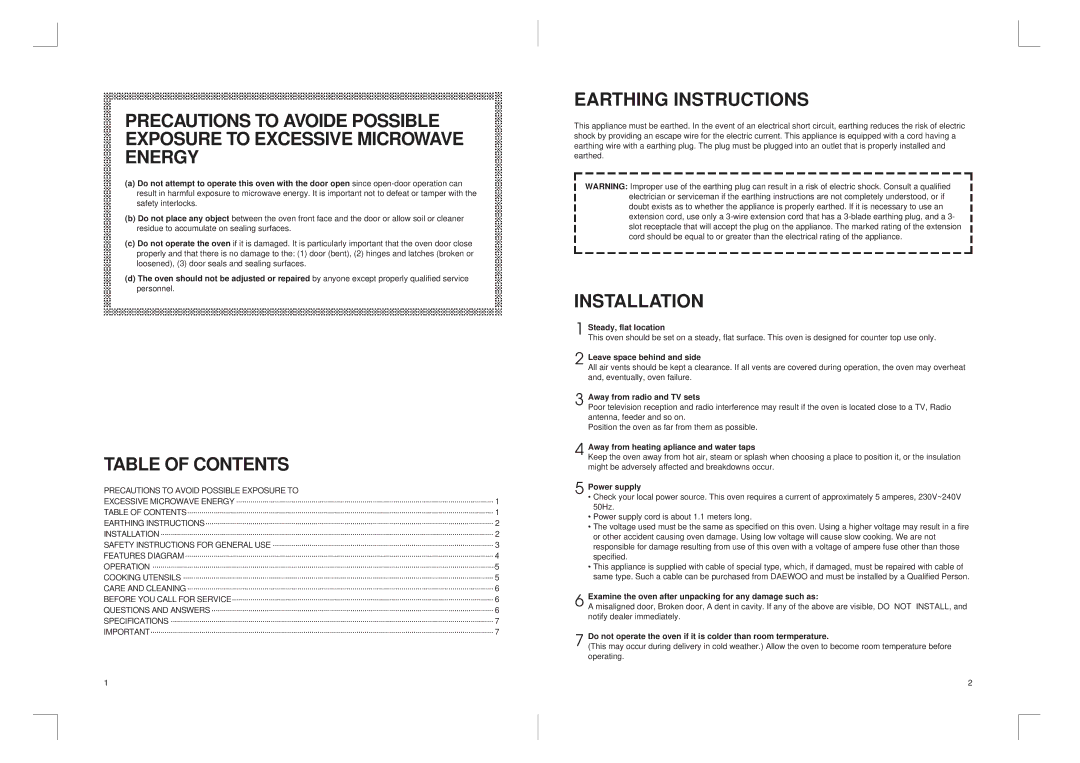 Daewoo KOR-6167 manual Earthing Instructions, Installation, Table of Contents 