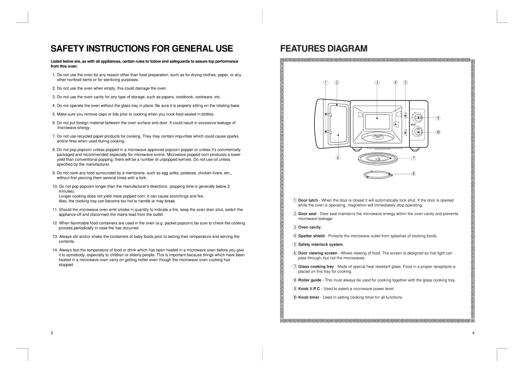 Daewoo KOR-6167 manual Safety Instructions for General USE, Features Diagram, Oven cavity, Safety interlock system 