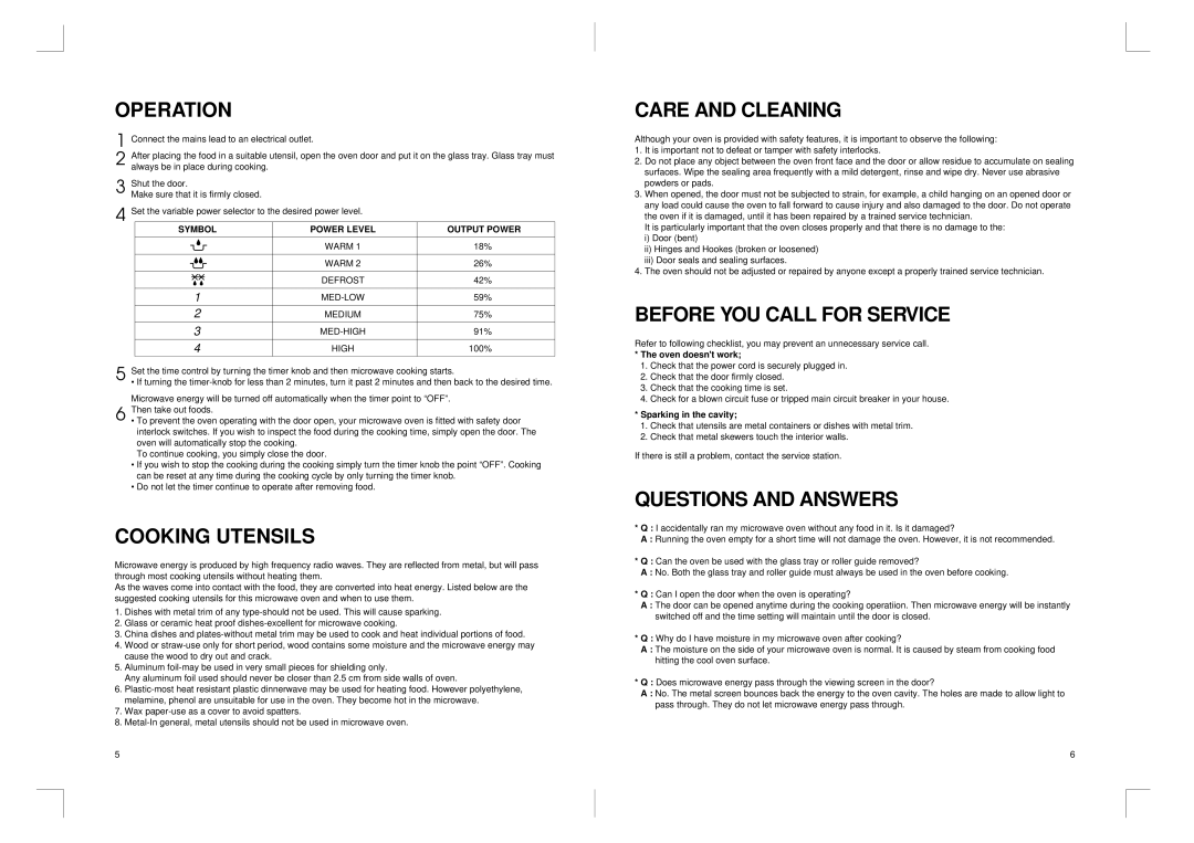 Daewoo KOR-6167 manual Operation, Cooking Utensils, Care and Cleaning, Before YOU Call for Service, Questions and Answers 