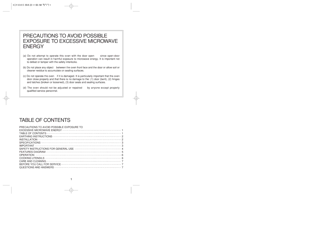 Daewoo KOR-61A5 manual Table of Contents 