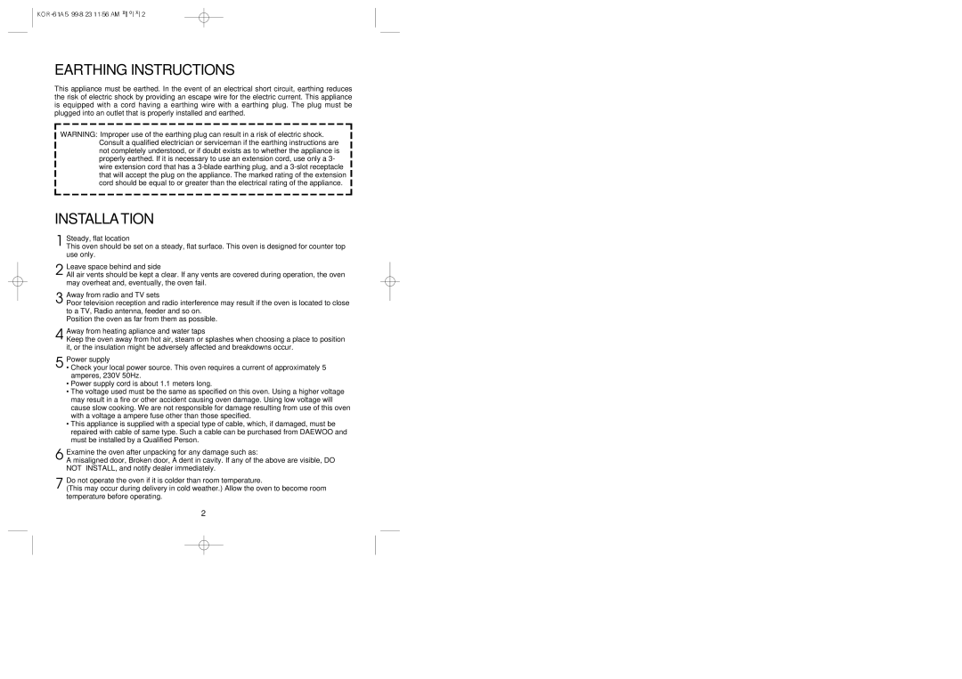 Daewoo KOR-61A5 manual Earthing Instructions, Leave space behind and side, Away from radio and TV sets, Power supply 