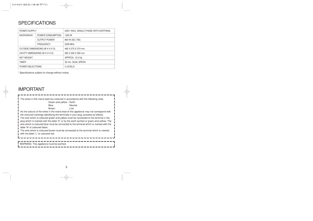 Daewoo KOR-61A5 manual Specifications subject to change without notice 