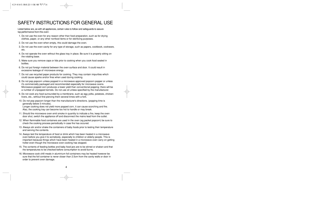 Daewoo KOR-61A5 manual Safety Instructions for General USE 