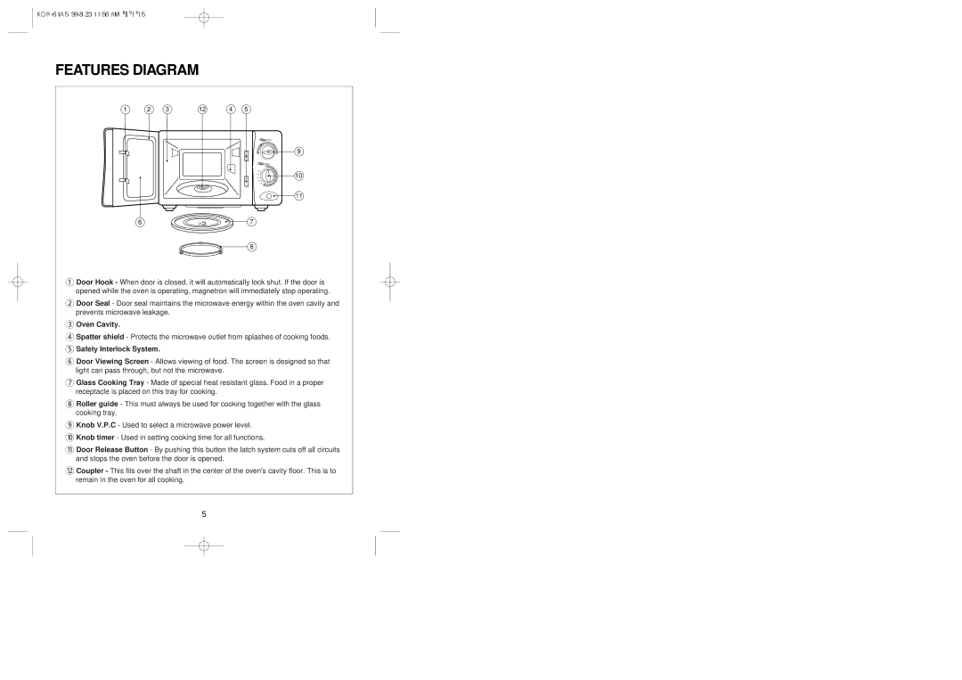 Daewoo KOR-61A5 manual Features Diagram, Oven Cavity, Safety Interlock System 