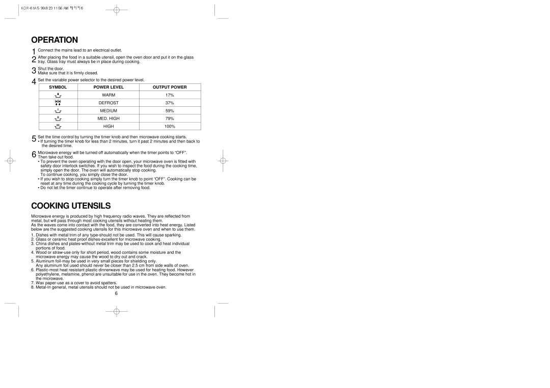 Daewoo KOR-61A5 manual Operation, Cooking Utensils 