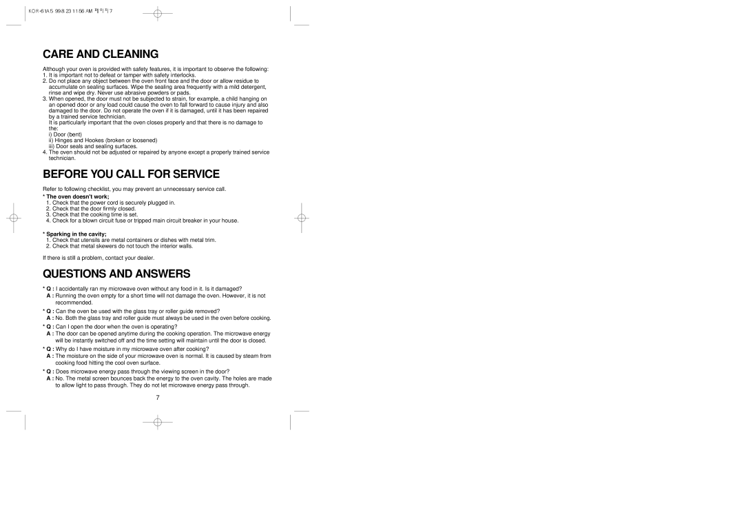 Daewoo KOR-61A5 manual Care and Cleaning, Before YOU Call for Service, Questions and Answers, Oven doesnt work 