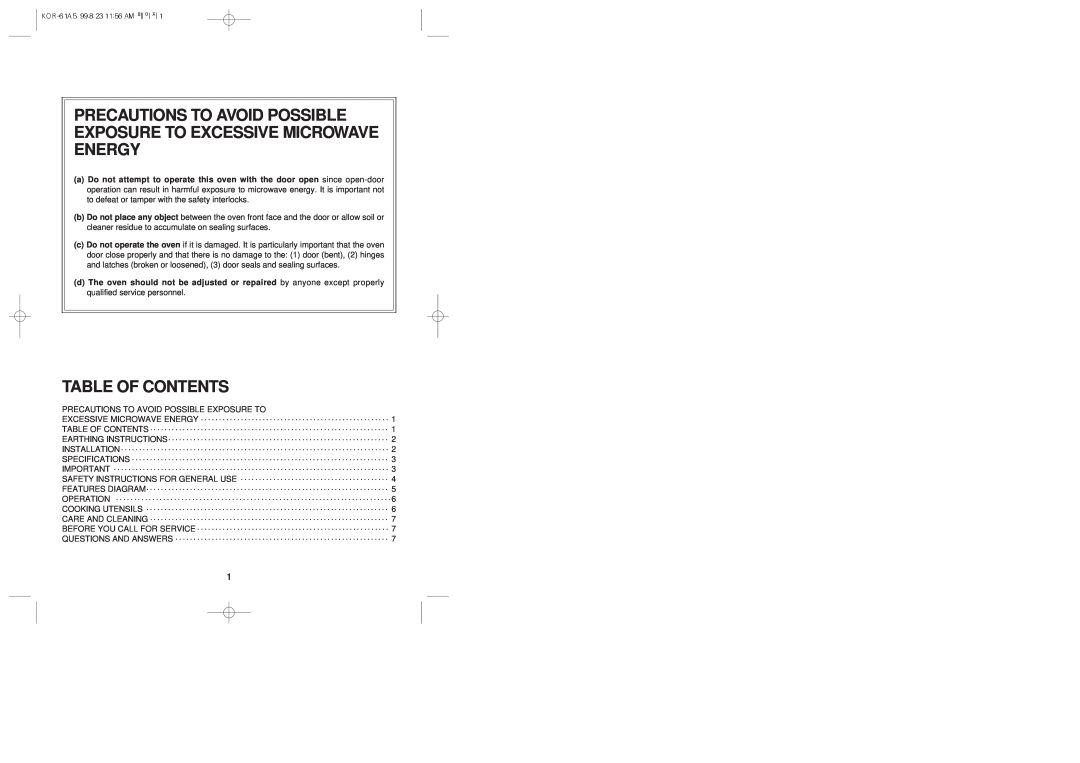 Daewoo KOR-61A5 manual Precautions To Avoid Possible Exposure To Excessive Microwave Energy, Table Of Contents 