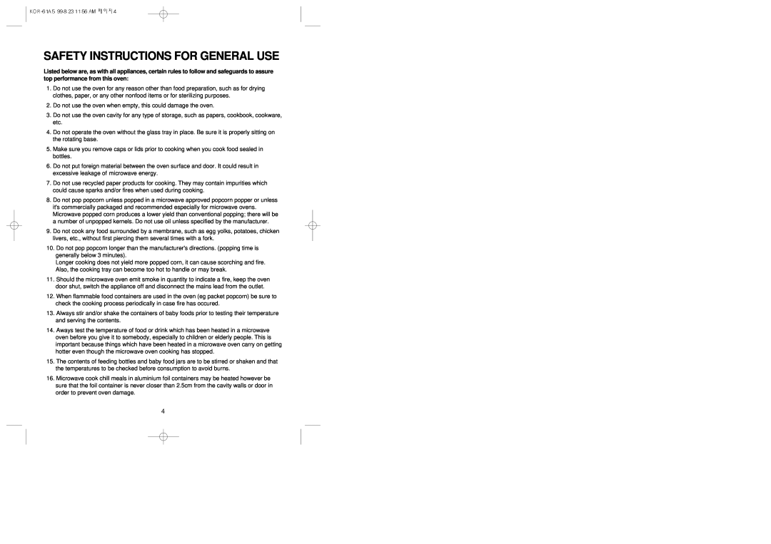 Daewoo KOR-61A5 manual Safety Instructions For General Use 