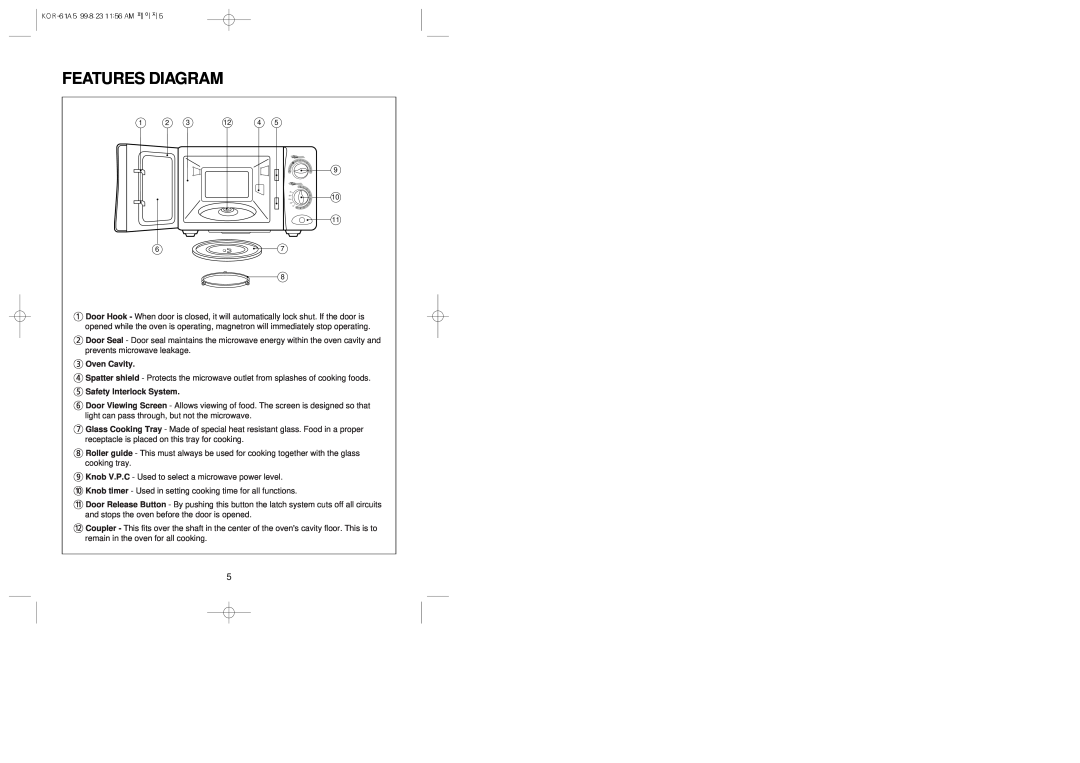 Daewoo KOR-61A5 manual Features Diagram, Oven Cavity, Safety Interlock System 