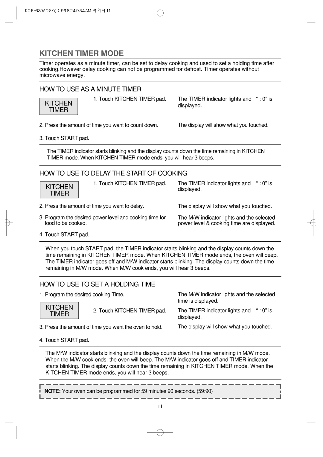 Daewoo KOR-630A Kitchen Timer Mode, HOW to USE AS a Minute Timer, HOW to USE to Delay the Start of Cooking Kitchen Timer 