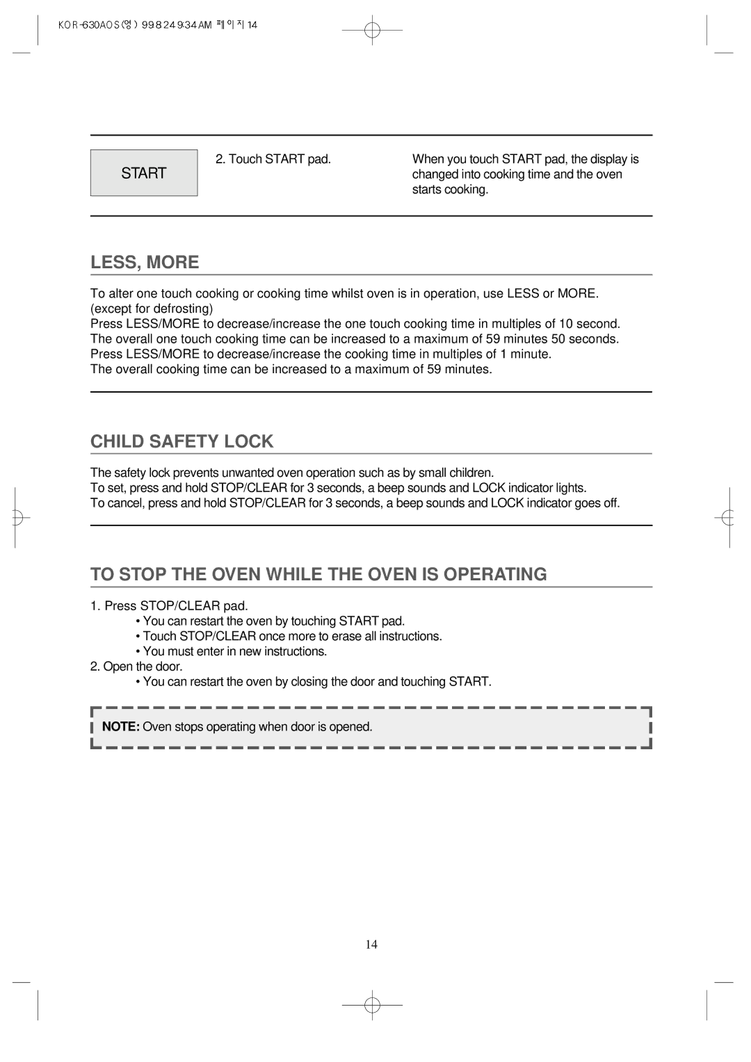 Daewoo KOR-630A manual LESS, More, Child Safety Lock, To Stop the Oven While the Oven is Operating, Start 