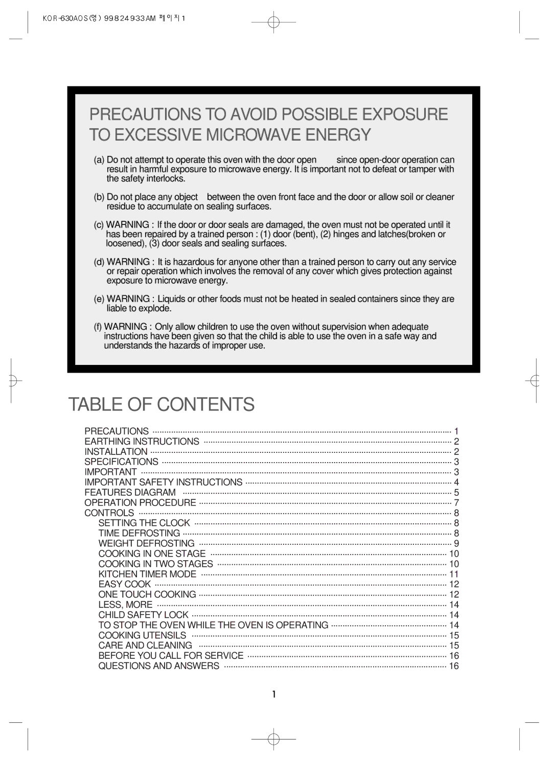 Daewoo KOR-630A manual Table of Contents 