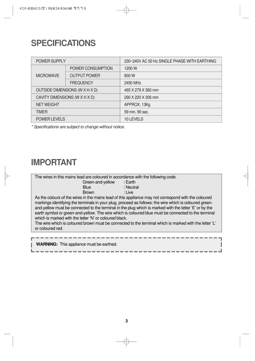 Daewoo KOR-630A manual Specifications are subject to change without notice 