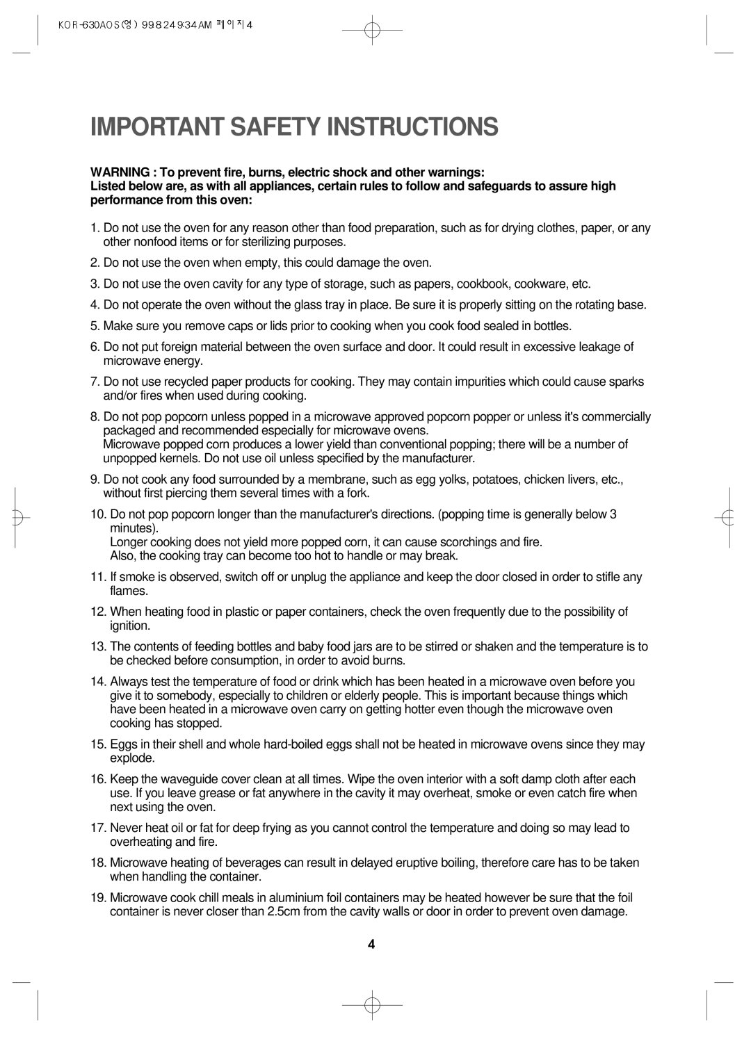 Daewoo KOR-630A manual Important Safety Instructions 