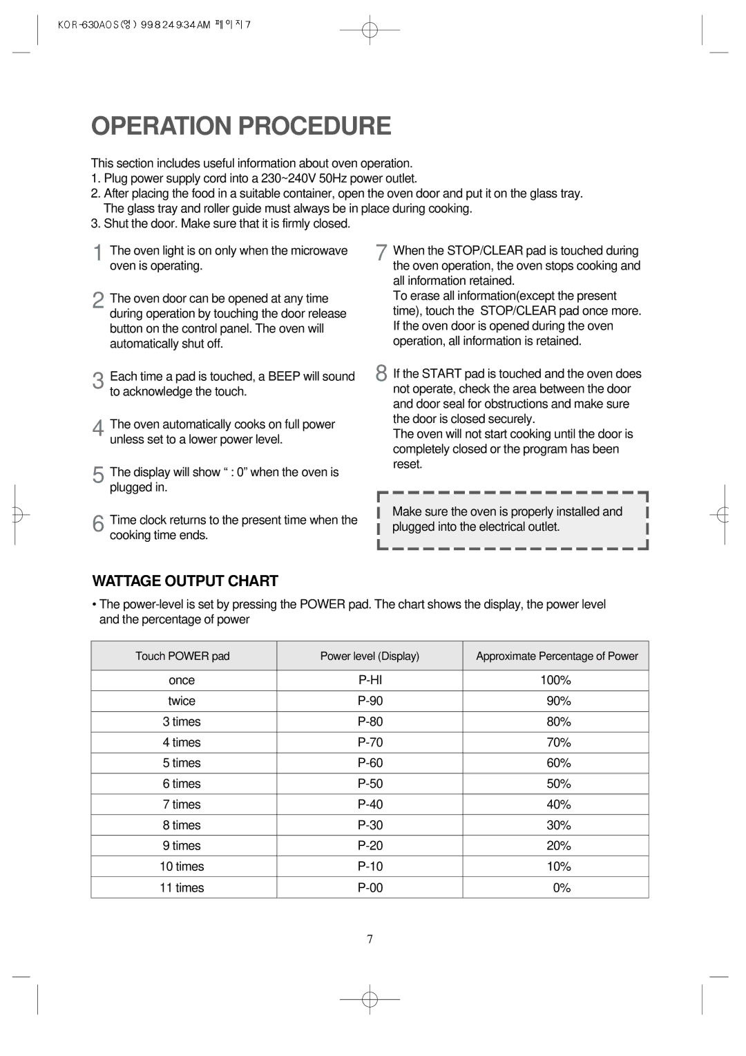 Daewoo KOR-630A manual Operation Procedure, Wattage Output Chart 