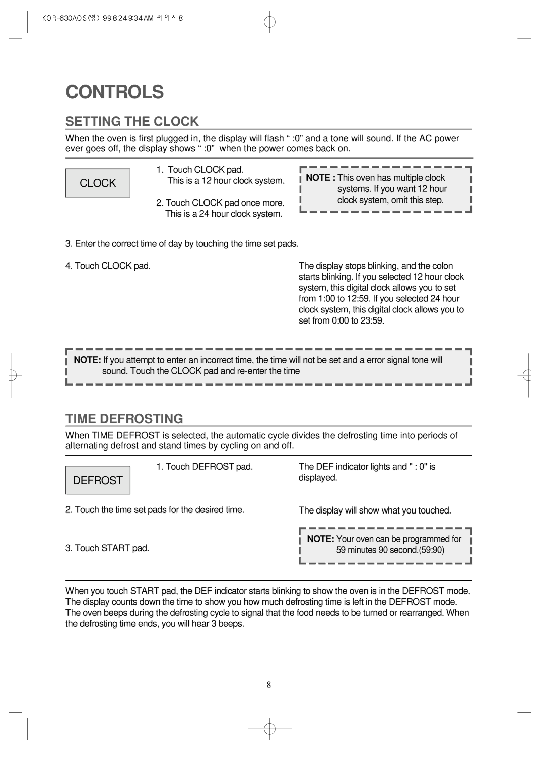 Daewoo KOR-630A manual Controls, Setting the Clock, Time Defrosting 