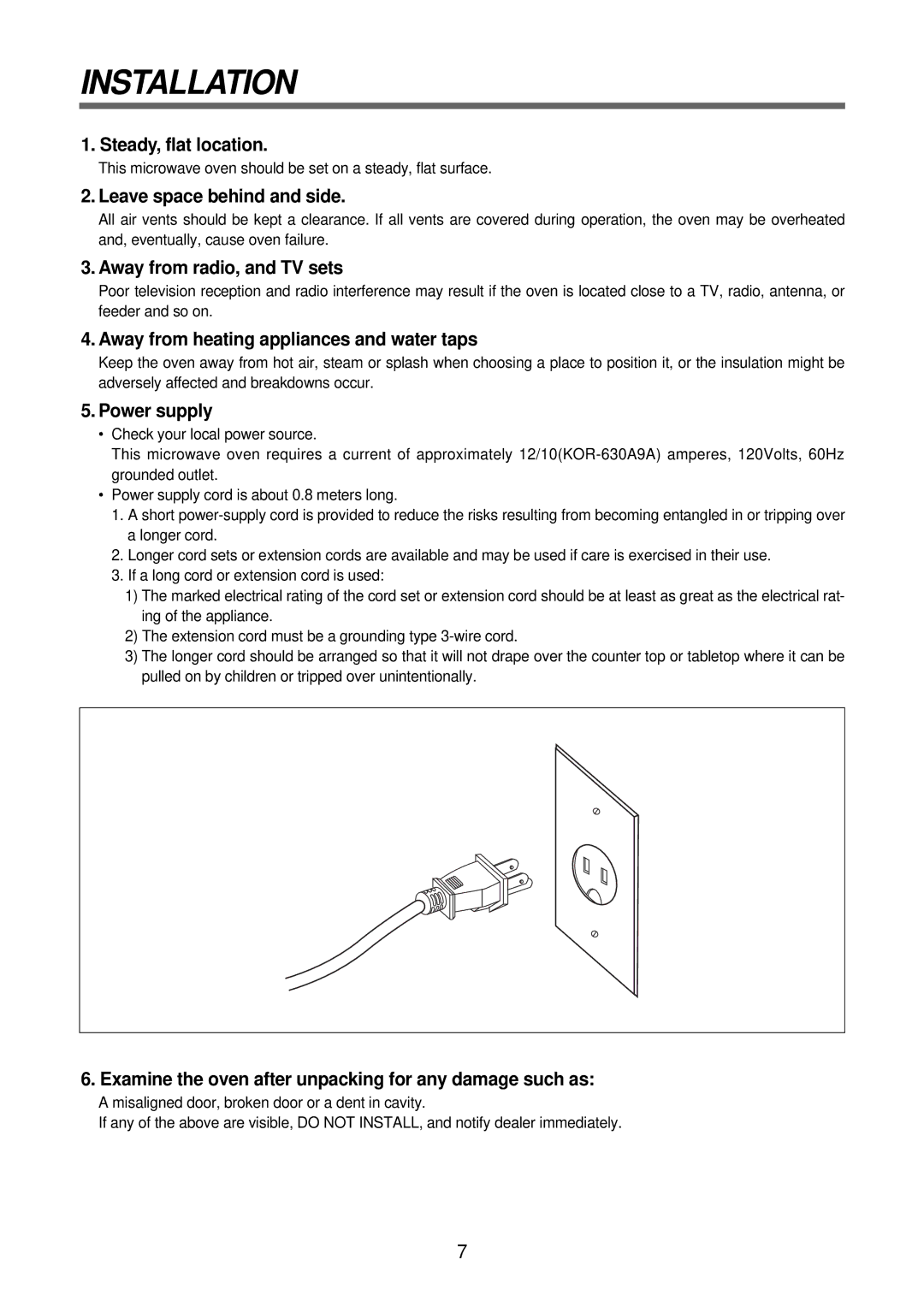 Daewoo KOR-630A0A, KOR-630A9A, KOR-630A1A service manual Installation, Leave space behind and side 