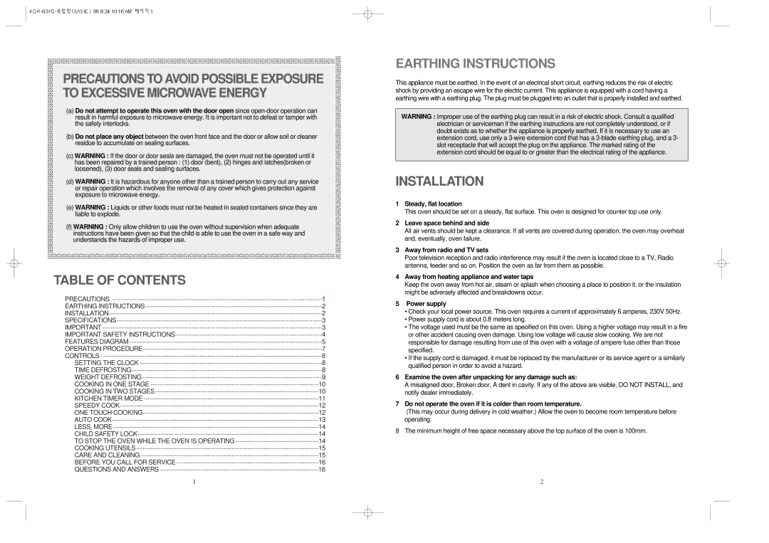 Daewoo KOR-631G manual Table of Contents, Earthing Instructions, Installation 