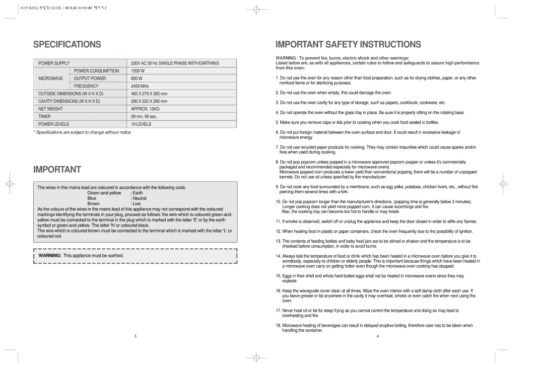 Daewoo KOR-631G manual Specifications 