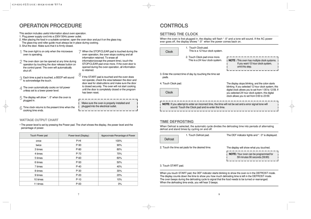 Daewoo KOR-631G manual Operation Procedure, Controls, Setting the Clock, Time Defrosting 