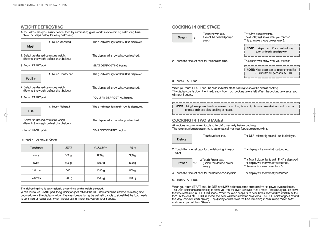 Daewoo KOR-631G manual Weight Defrosting, Cooking in ONE Stage, Cooking in TWO Stages 