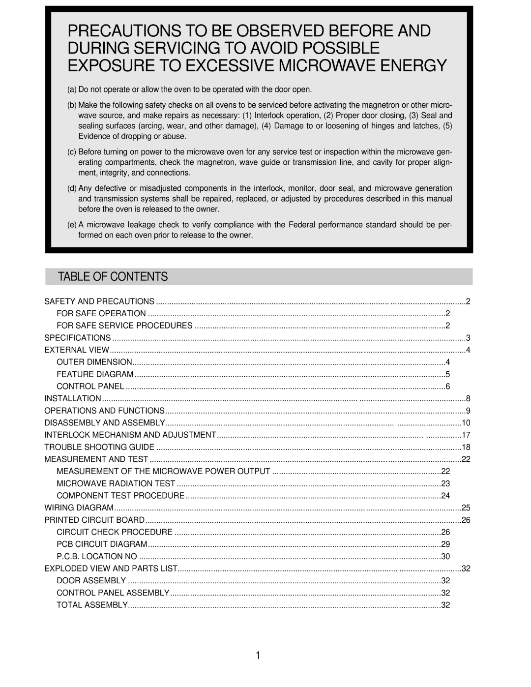 Daewoo KOR-631G9A, KOR-631G0A, KOR-861H0A, KOR-861G0A, KOR-631H0A, KOR-631H9A service manual Table of Contents 